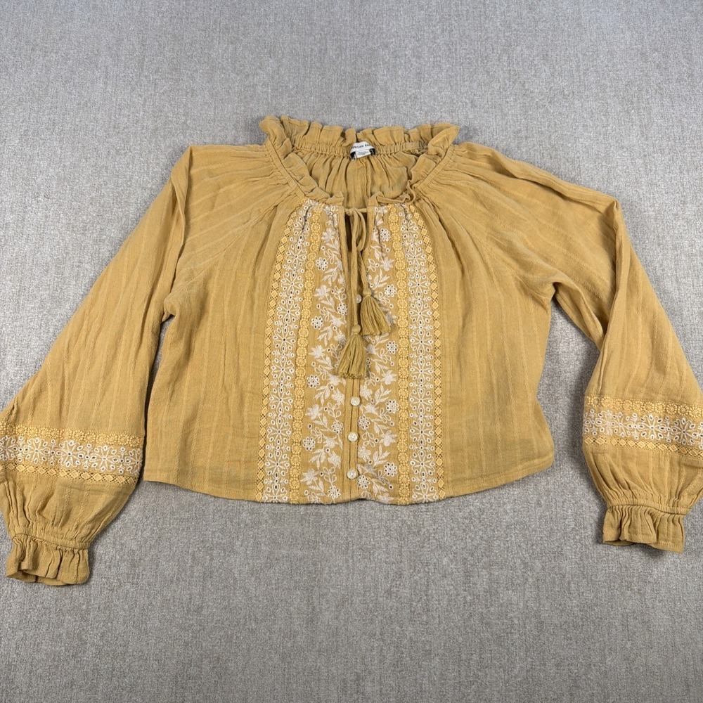 American Eagle Crop Button Blouse Women S Peasant Boho Floral Cottage Hippie Tan